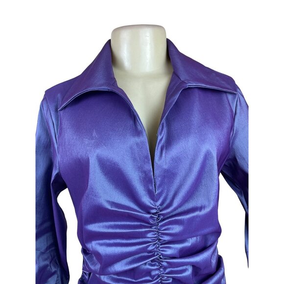 Tadashi Womens Purple Ruched Satin Long-Sleeve Blouse Top Zip Back Sz 10 - Picture 4 of 8
